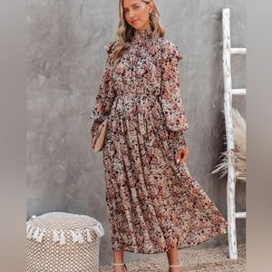 VICI Black Cherry Floral Metallic Smocked Midi Dress
